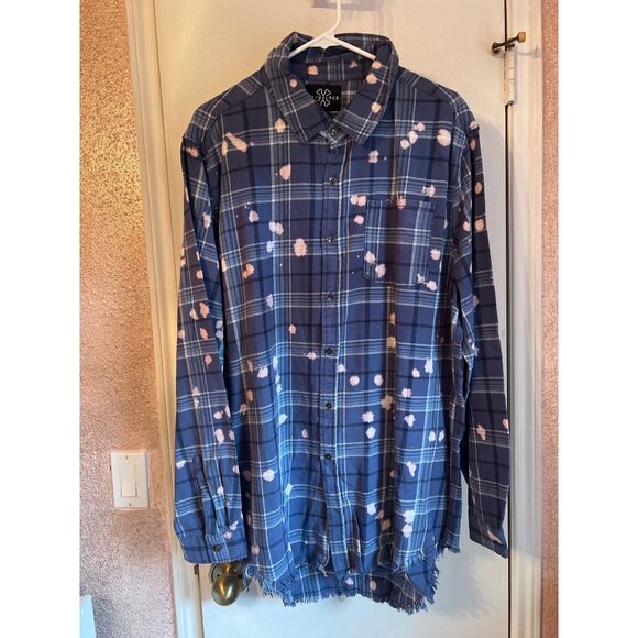 Blue Plaid Button-Up Shirt With Distressed Hem & Bleach Splatter - Picture 2 of 5